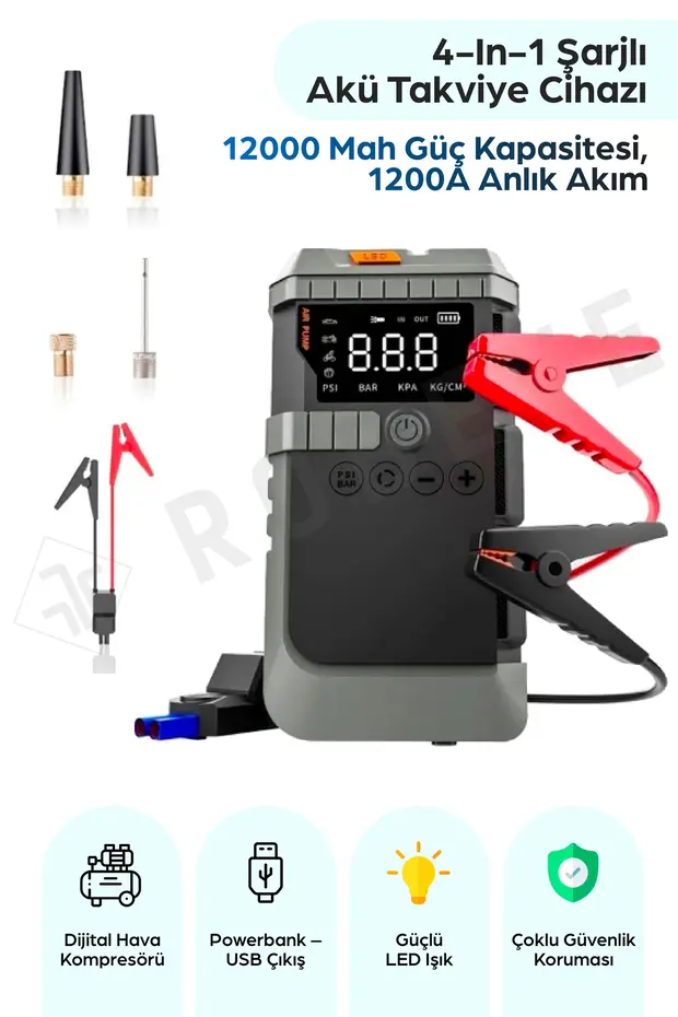 4-in-1 Şarjlı Akü Takviye Cihazı Uyumlu – 12000 mAh , 1200A , Lastik Pompası, Powerbank , LED Işık